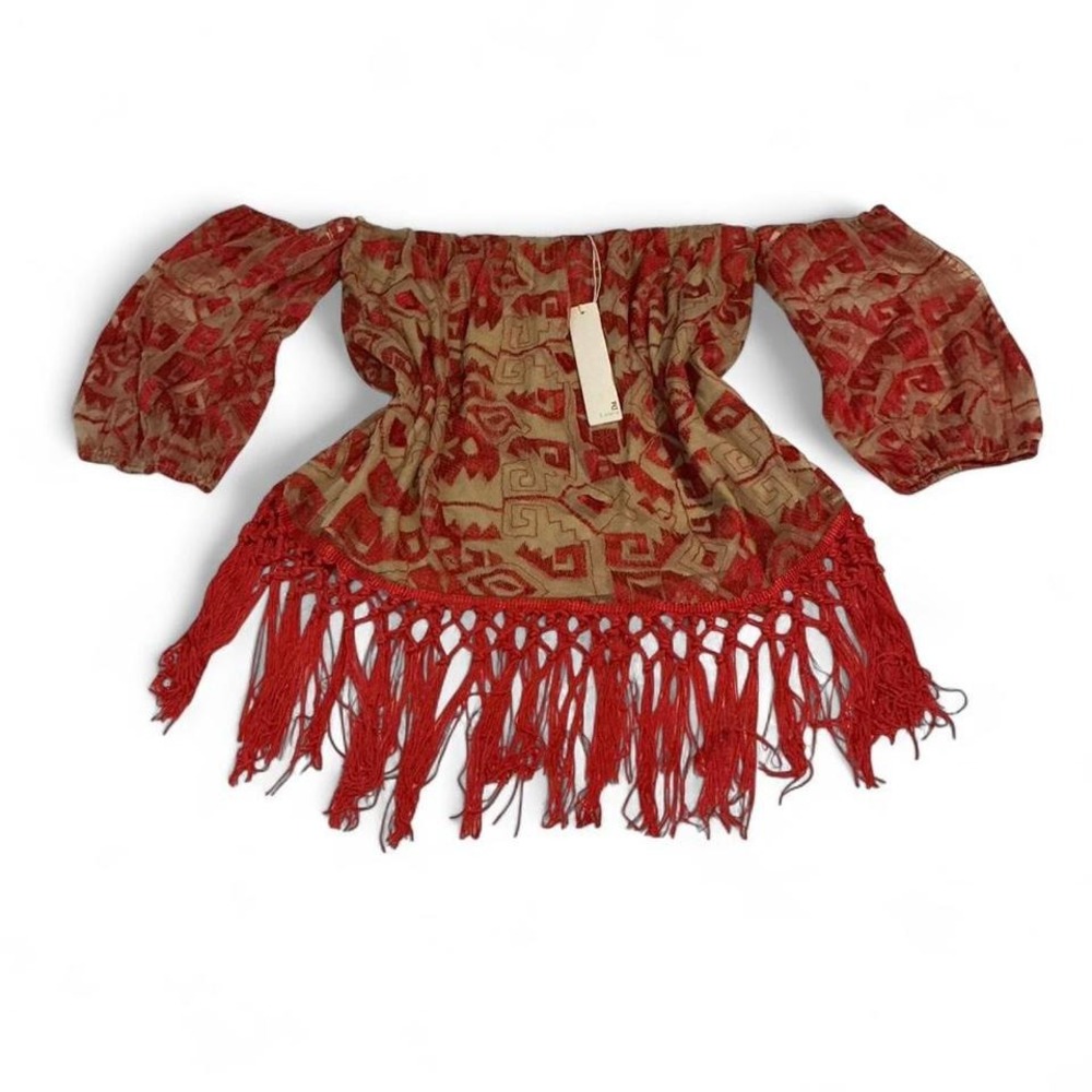 Line‎ & Dot Off Shoulder Top Womens Red Tan Fringe Mesh Geometric